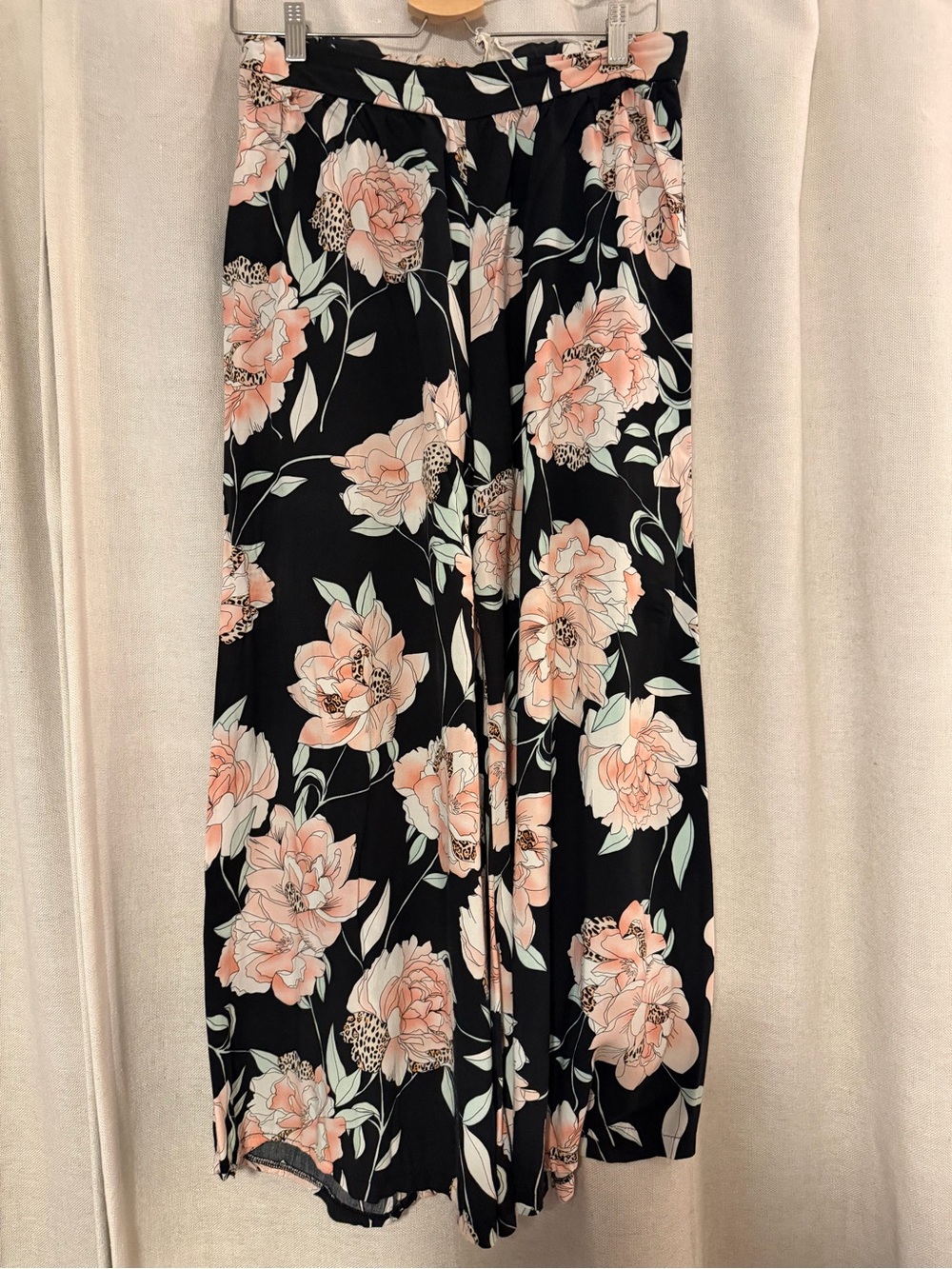Black Wide-Leg Floral Palazzo Pants with Peach Blooms